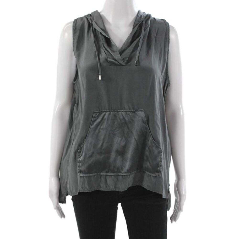 Acrobat Women Silk Sleeveless V-Neck Pullover Hoodie Gray Drawstring Size L